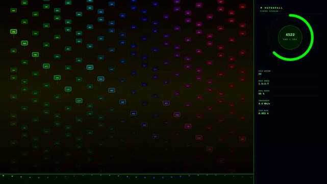 Token streaming visual interface displays glowing nodes and circular data counters flowing across a dark screen grid representing rapid information movement and complex digital processing