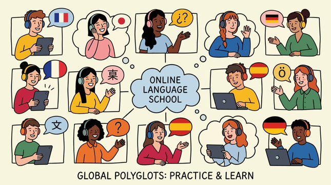 Diverse group of young international polyglots and students sitting together in a bright modern space practicing foreign language conversation skills and multilingual communication exchange.