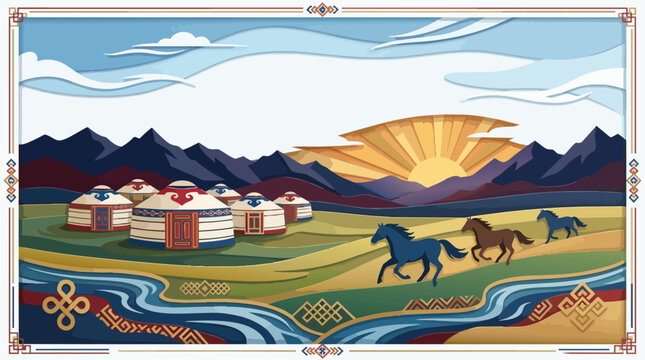 Mongolian landscape with traditional gers and horses in paper cut style