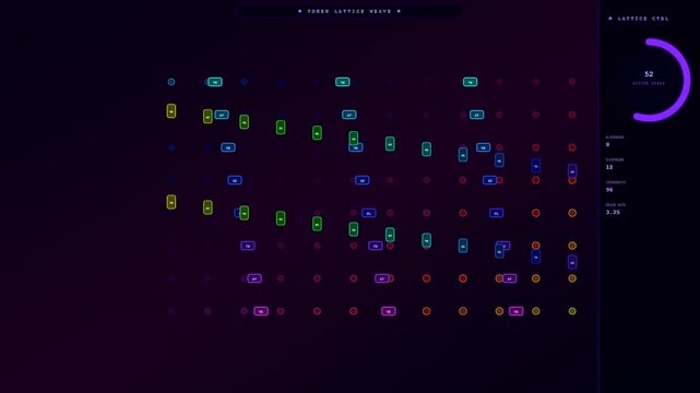 Token streaming visual interface displays glowing nodes in a dark cyberspace grid environment with shifting data patterns and illuminated circular gauges for monitoring complex system flow