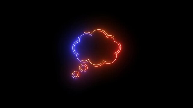 Neon speech bubble doodle icon animation, neon doodle icon,Thought bubble glows with a dual tone neon light on a dark black surface.