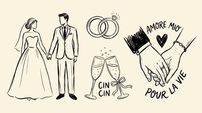 Artistic Collection of Hand Drawn Ink Wedding Ceremony Illustrations Featuring Minimalist Bride Groom Icons Wine Glasses and Champagne Bottles for Romantic Marriage Stationery Design Elements