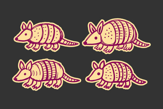 Armadillo animal set featuring four cute hand drawn doodle style creatures in purple and cream colors isolated on a dark grey background for creative design