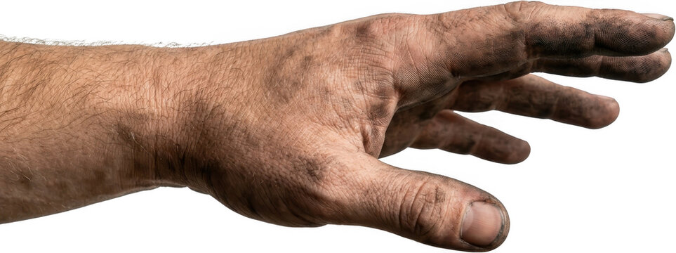 A man's dirty calloused hand is extended forward showing detailed skin texture and grime accumulated under fingernails and in creases dirty hand man hand fingers dirty fingers