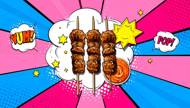 Delicious Grilled Meat Skewers with Dipping Sauce in Pop Art Style.