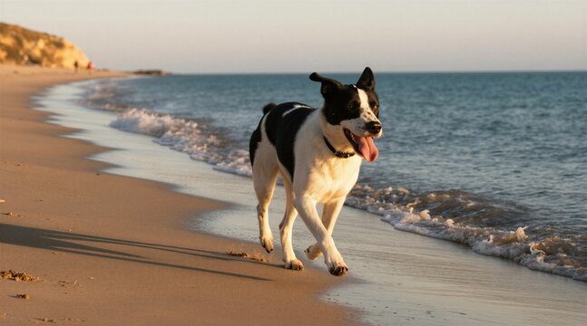 Black and white dog runs on wet sand by ocean. Happy pet with tongue out enjoys summer day near sea waves. Sunny warm weather, coastal landscape, carefree animal motion.