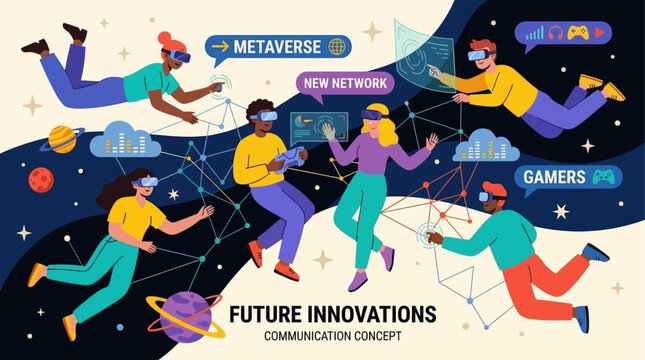 Group of Diverse Individual Wearing Virtual Reality Headset Floating in Cosmic Space Vector Illustration Representing Metaverse Exploration and Futuristic Network Connectivity in Galaxy Background