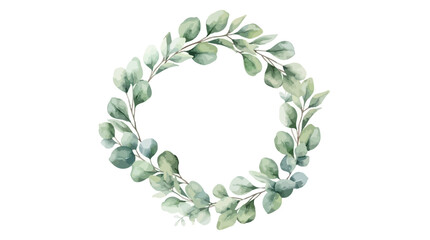 Watercolor illustration of a circular eucalyptus wreath featuring silver dollar leaves and delicate branches, elegant botanical frame isolated on a white background for wedding design. © eun