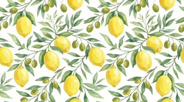 Hand Painted Watercolor Vector Seamless Pattern Featuring Ripe Yellow Lemons Mediterranean Green Olives and Lush Botanical Foliage for Elegant Textile Print Surface Texture and Wallpaper Design