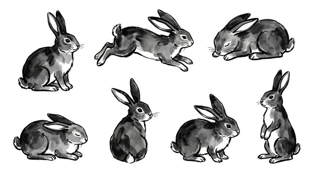 Twelve adorable watercolor vector rabbit illustrations featuring cute bunnies in various poses isolated on a clean white background for spring easter greeting card design elements collection