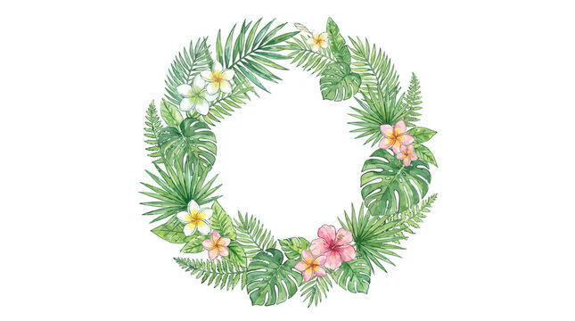Elegant watercolor vector green wreath featuring lush tropical foliage, exotic monstera leaves, and vibrant summer flowers, isolated on a clean white background for decorative botanical design.