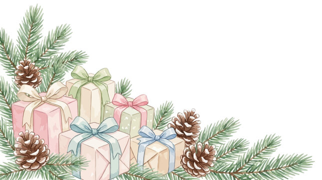 Hand-painted Watercolor Christmas Decorative Corner Border featuring Pine Fir Branches Festive Gift Boxes and Rustic Pinecone on White Background Vector Illustration for Winter Holiday Design