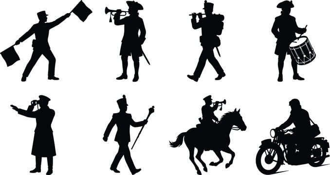 Military Ceremonial and Historical Uniform Silhouette Collection with Bugler Drummer Cavalry and Signal Icons