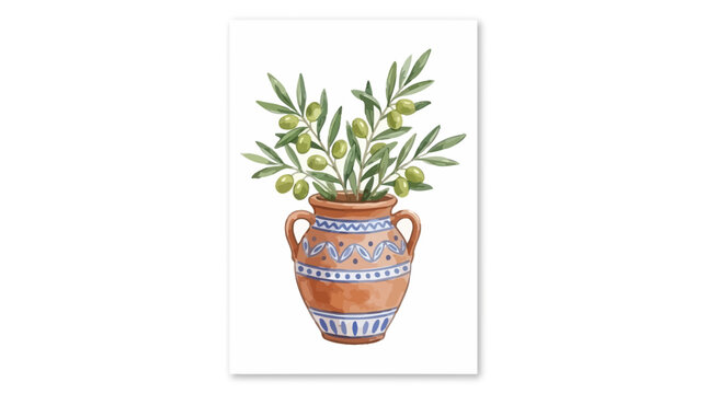 Hand-painted watercolor vector illustration of fresh Mediterranean olive branches with green leaves inside a rustic ceramic pot isolated on a clean white background for greeting card design
