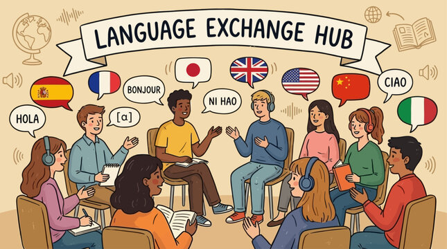 Diverse international group of young students engaged in an interactive language workshop practicing oral communication skills with a native tutor in a bright modern educational setting.