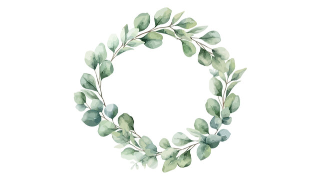 Watercolor illustration of a circular eucalyptus wreath featuring silver dollar leaves and delicate branches, elegant botanical frame isolated on a white background for wedding design.