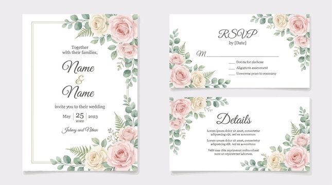 Elegant vector collection of wedding invitation card templates featuring delicate pastel watercolor roses, botanical greenery, and floral foliage elements isolated on white background.