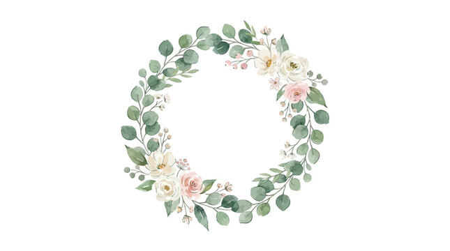Artistic Hand-Painted Watercolor Wreath Vector Featuring Lush Green Eucalyptus Foliage and Delicate Floral Blossoms for Elegant Wedding Invitations or Nature-Inspired Greeting Card Backgrounds