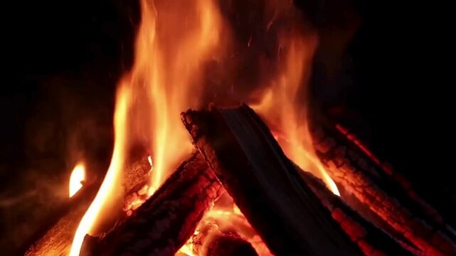 キャンプの夜を包み込む癒しの炎と赤く熾る薪 / Healing Flames and Glowing Firewood Wrapping the Camping Night (Generative AI)