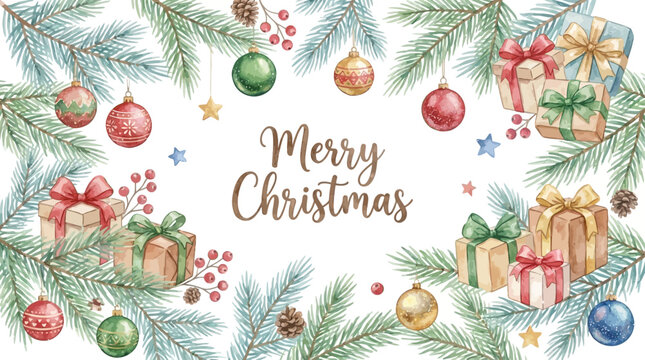 Festive Christmas watercolor banner featuring green pine fir branches, colorful gift boxes, decorative holiday balls, and red ribbons isolated on a clean white background for winter design.