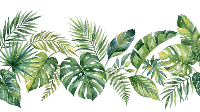 Artistic watercolor vector banner set with lush tropical foliage, vibrant green jungle leaves, and exotic palm fronds isolated on a clean white background for botanical summer design projects.