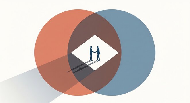 Abstract teamwork and collaboration represented by overlapping circles with interconnected figures in modern minimalist design