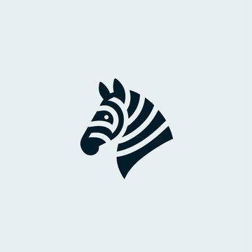 A minimalist, stylized dark blue zebra head logo with stripes on a light background, facing left.