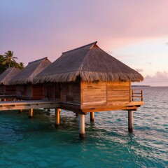 Obraz premium Tropical bungalows on stilts over clear turquoise water at sunset. Palm trees line the shore of exotic island paradise. Peaceful oceanfront vacation resort.