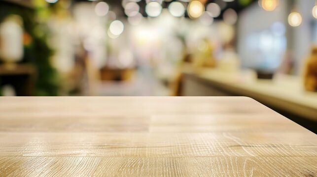 A Smooth Wooden Table in the Foreground With a Cozy Blurred Caf? Interior in the Background