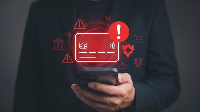 Man holding smartphone displaying a red warning symbol over a credit card, illustrating digital payment security concerns and online financial fraud risk