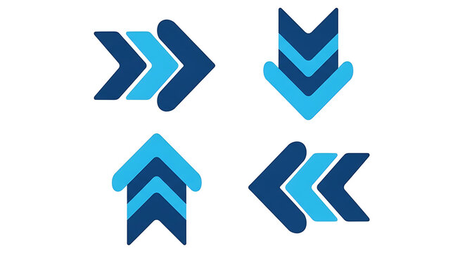 Set of blue directional arrows pointing in four cardinal directions with directional navigation pointing direction abstract indicators movement elements