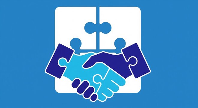 Collaborative puzzle pieces joining hands symbolizing teamwork and partnership in modern business illustration
