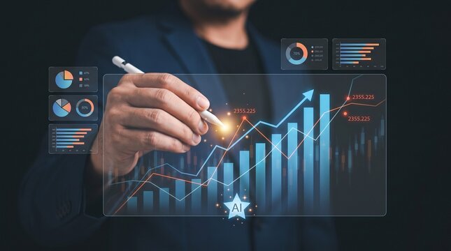 Executive analyzing financial data with AI powered digital charts showing business growth and market statistics on futuristic screen