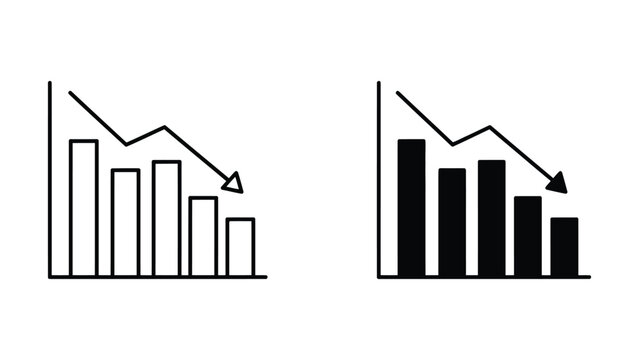 Black and white bar chart with downward trend arrows on white background, graph black and, white background