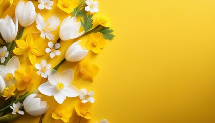 Fototapeta premium White And Yellow Spring Flowers On Yellow Background