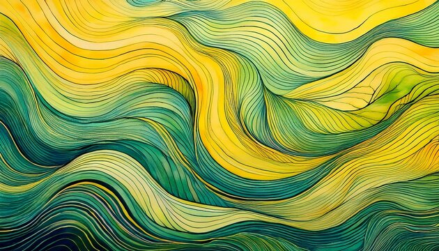 Fondo De Lineas Psicodelico De Tonos Amarillos Y Verdes Con Lineas Sinuosas Imitando El Mar Ilustracion En Acuarela