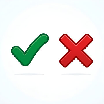 3D Checkmark and Cross Symbols Approval and Rejection Isolated on White Background