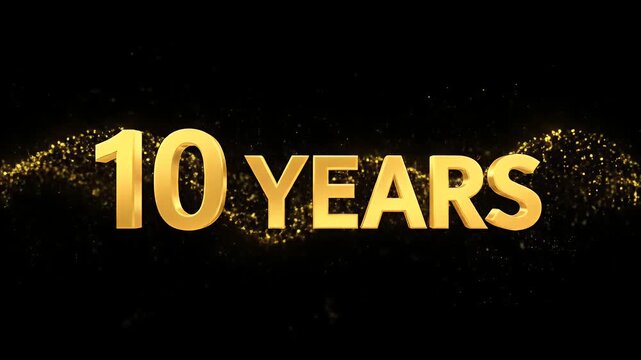 10 years anniversary celebration with golden 3d text and glowing particles