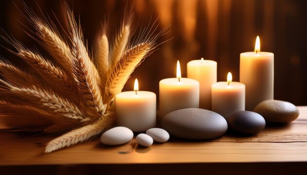 Velas Encendidas Junto A Espigas De Trigo Y Piedras Sobre Mesa De Madera En Ambiente Calido Y Relajante