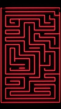 Red neon maze on black background. Geometric lines create intricate labyrinth pattern. Abstract 3D design symbolizes challenge path or complex strategy.