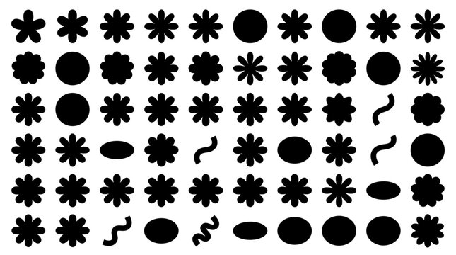 Seamless pattern of black geometric icons and asterisk shapes on white background for abstract modern design