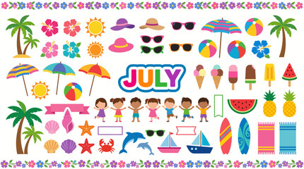 Naklejka premium Colorful July summer holiday clipart with kids, beach elements, tropical fruits and vacation icons