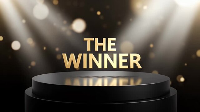The winner text on a black podium with golden spotlights and bokeh background