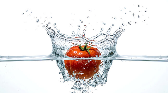 Fresh red tomato falling into clear water creating a beautiful crown splash with many tiny air bubbles captured in a high speed studio photography shot
