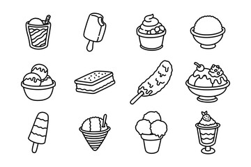 Ice cream treats outline icons set. Sweet frozen desserts line art elements. Assorted frozen sweet snacks doodle symbol pack. Ice cream cup, Sundae, Popsicle, Shakes, Pastry Sweet Treats Bakery Food © salzcreative
