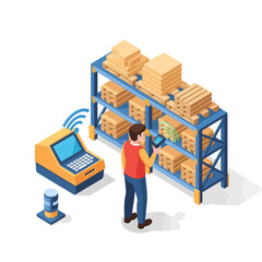 Warehouse worker scanning inventory with handheld device. © Laris