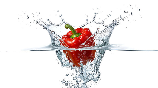 Fresh vibrant red bell pepper plunging into clear water creating a massive dynamic splash with tiny bubbles against a clean and bright white studio background