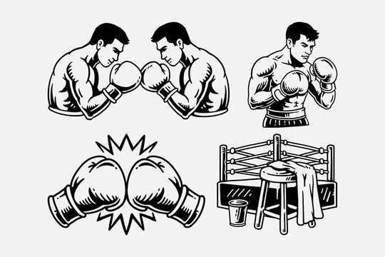 Boxing athletes and gear retro engraved illustration designs for combat sport. Kickboxing gear and fighters hand drawn element design set for tournament. Boxing gloves, Boxer, Boxing ring