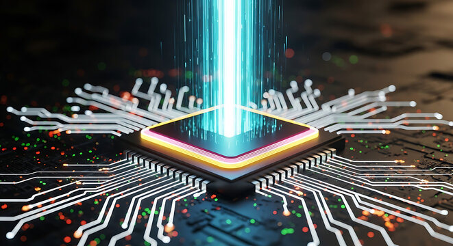 Advanced computer microprocessor chip with glowing data light beam connection microchip processor technology computer electronics hardware connection innovation semiconductor engineering