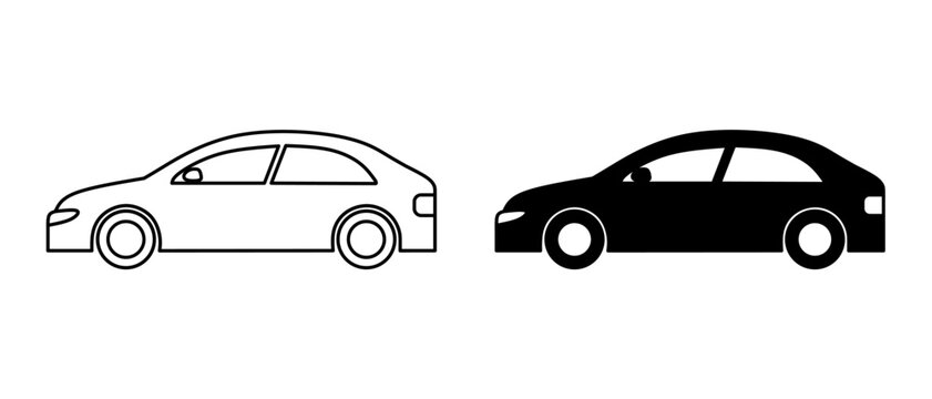 Generic sedan car outline and silhouette vector icon set. Clean automobile illustration for transportation, apps, maps, web design, infographic, signage, and print projects.